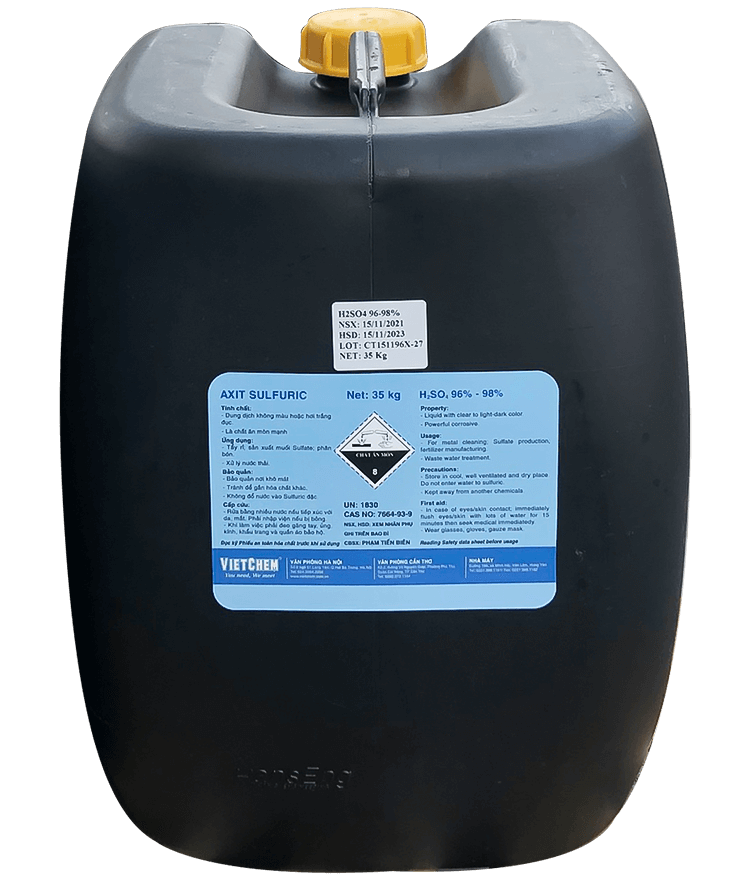 Hóa chất H2SO4 98%- Axit sunfuric 98% Việt Nam, 38kg/can.